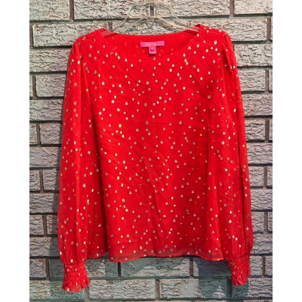 Lilly Pulitzer Red Gold Metallic Polka Dot Silk Blouse Smocked Cuff Large